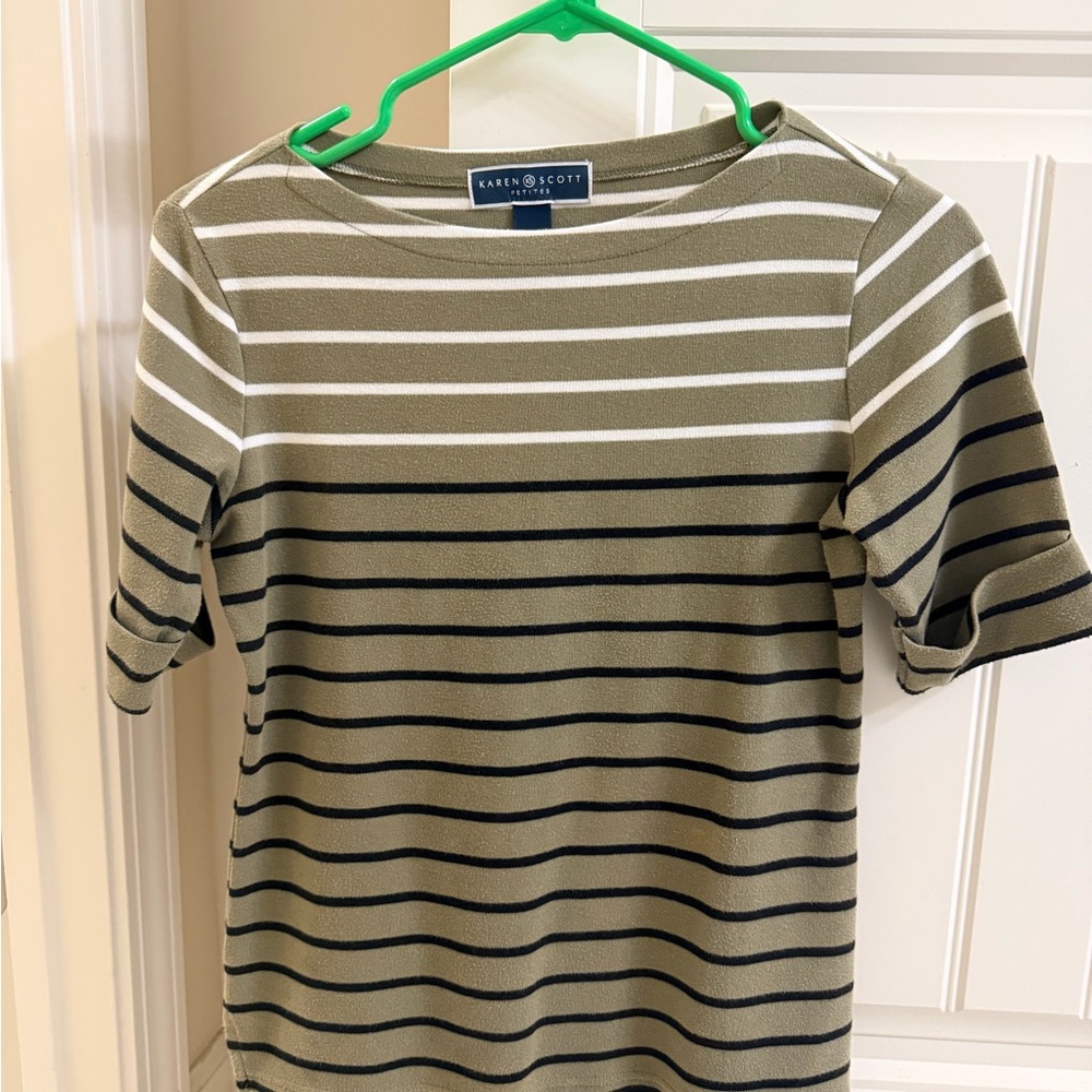 Karen Scott Olive green Striped 3/4 Sleeve Top